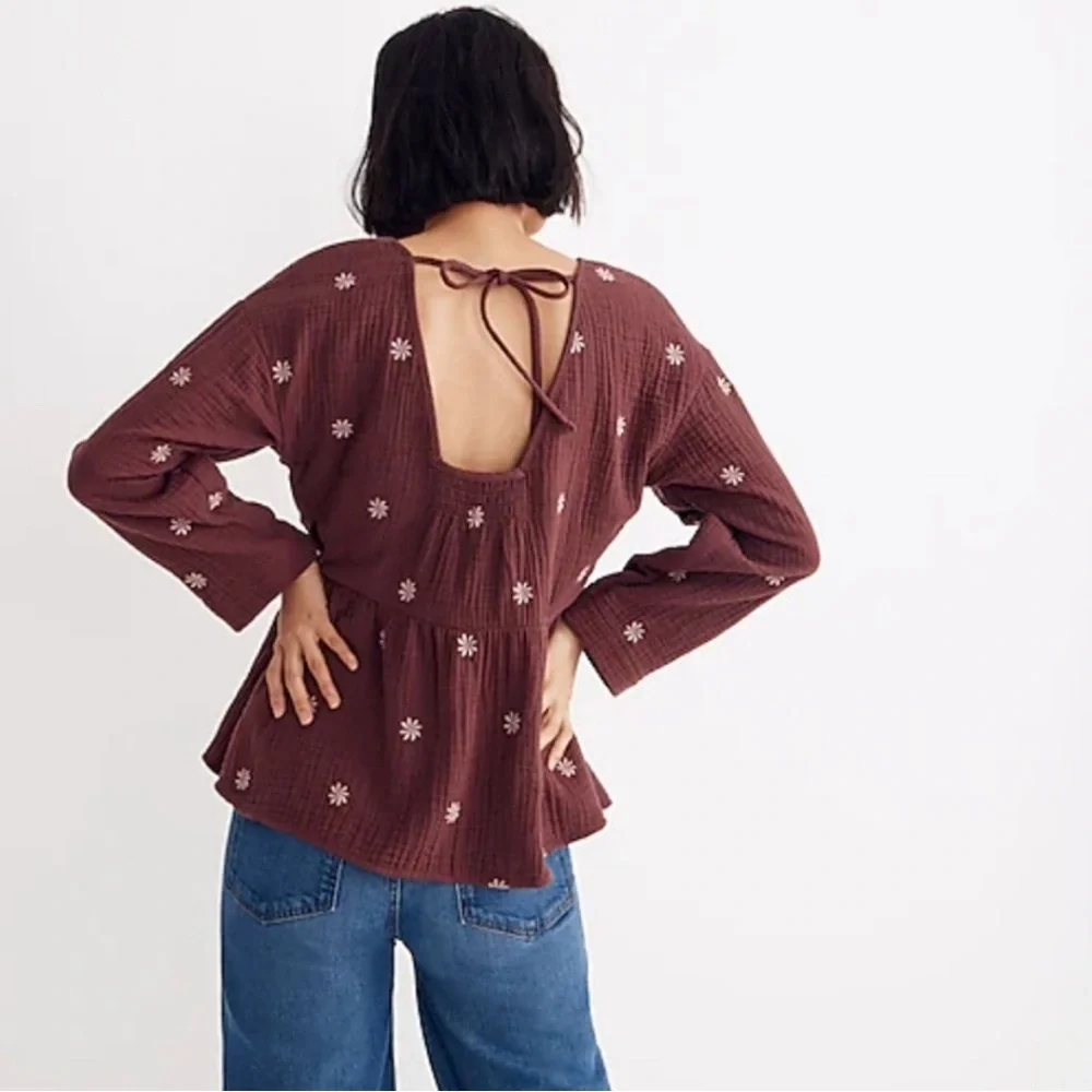 Madewell Embroidered Lightspun Peplum in Vintage Mulberry - Picture 2 of 4